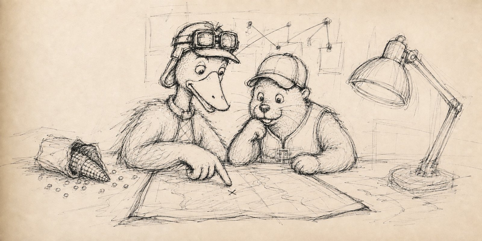 Rough visual concept of Gilbert and Oscar examining clues at a detective desk
