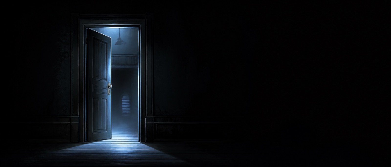 An open doorway leading into a mysterious blue-lit room